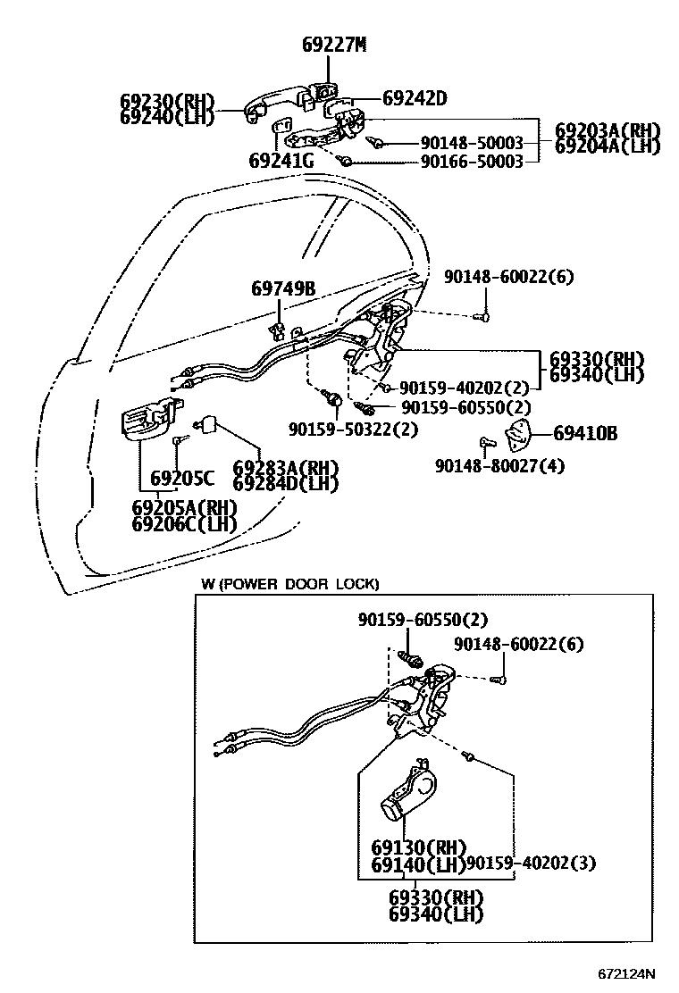 Toyota COROLLA 后门锁和后门把手 EPC diagram — 672124N
