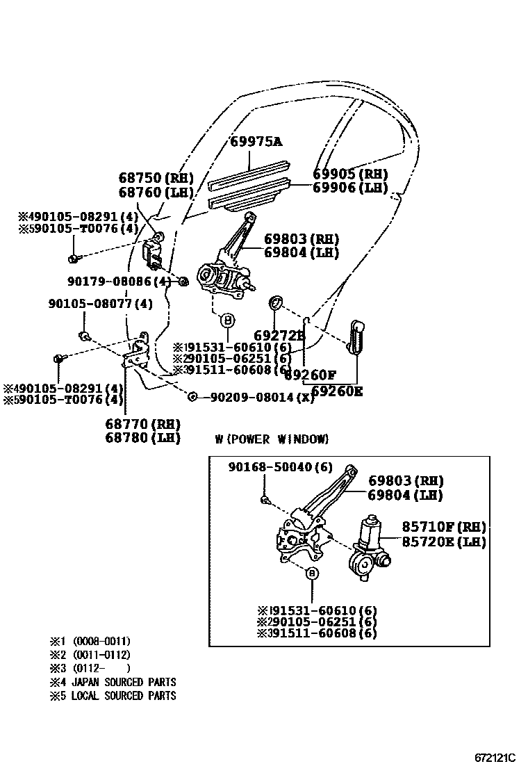 Toyota COROLLA 后门车窗升降器和合页 EPC diagram — 672121C