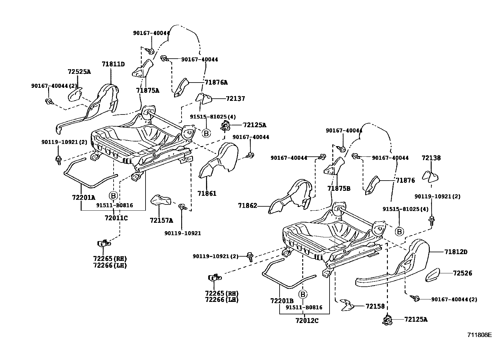 Toyota COROLLA 前排座椅和座椅滑轨 EPC diagram — 711808E