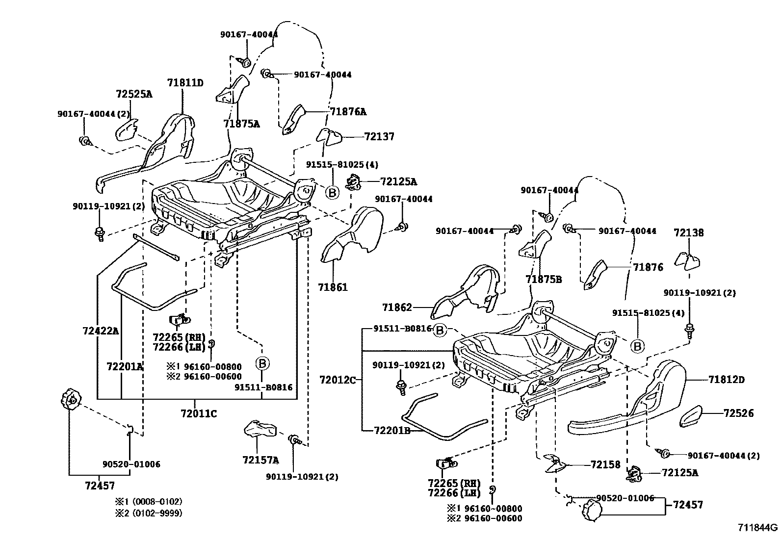 Toyota COROLLA 前排座椅和座椅滑轨 EPC diagram — 711844G