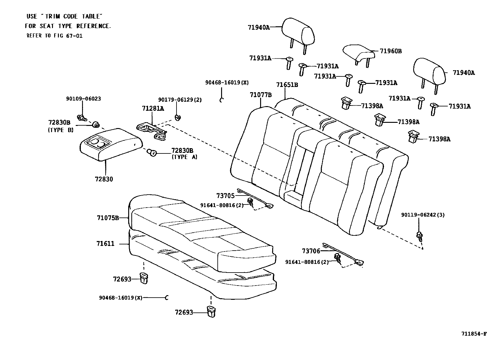 Toyota COROLLA 后排座椅和座椅滑轨 EPC diagram — 711854F