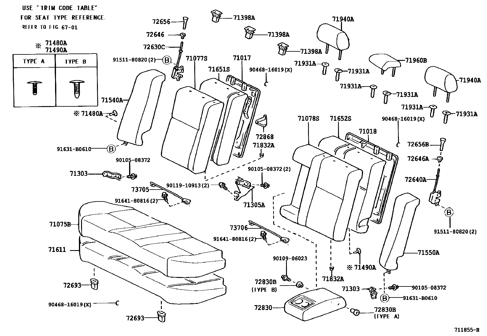 Toyota COROLLA 后排座椅和座椅滑轨 EPC diagram — 711855I