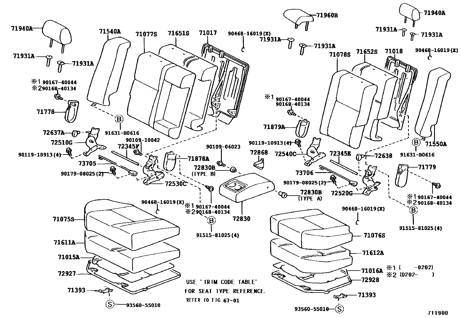 Toyota COROLLA 后排座椅和座椅滑轨 EPC diagram — 711900F