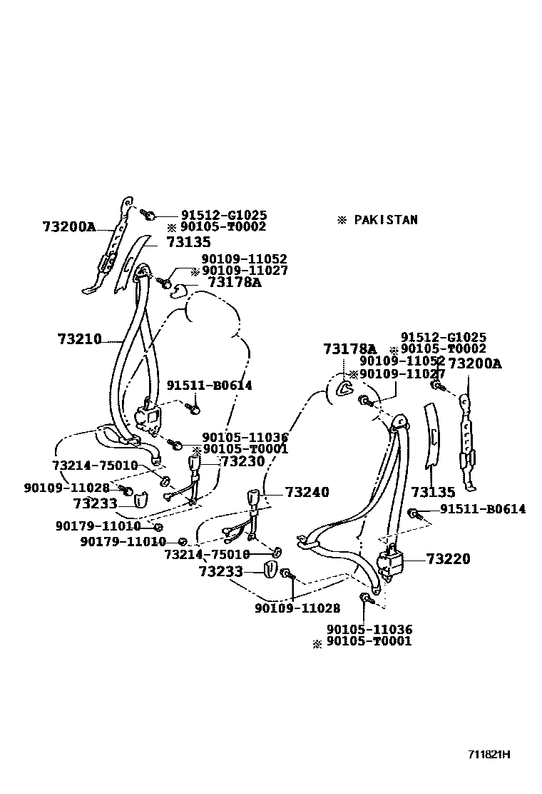 Toyota COROLLA 安全带和儿童保护座椅 EPC diagram — 711821H