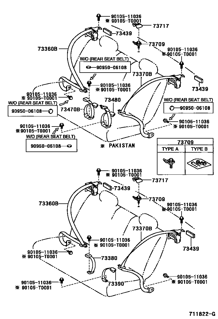 Toyota COROLLA 安全带和儿童保护座椅 EPC diagram — 711822G