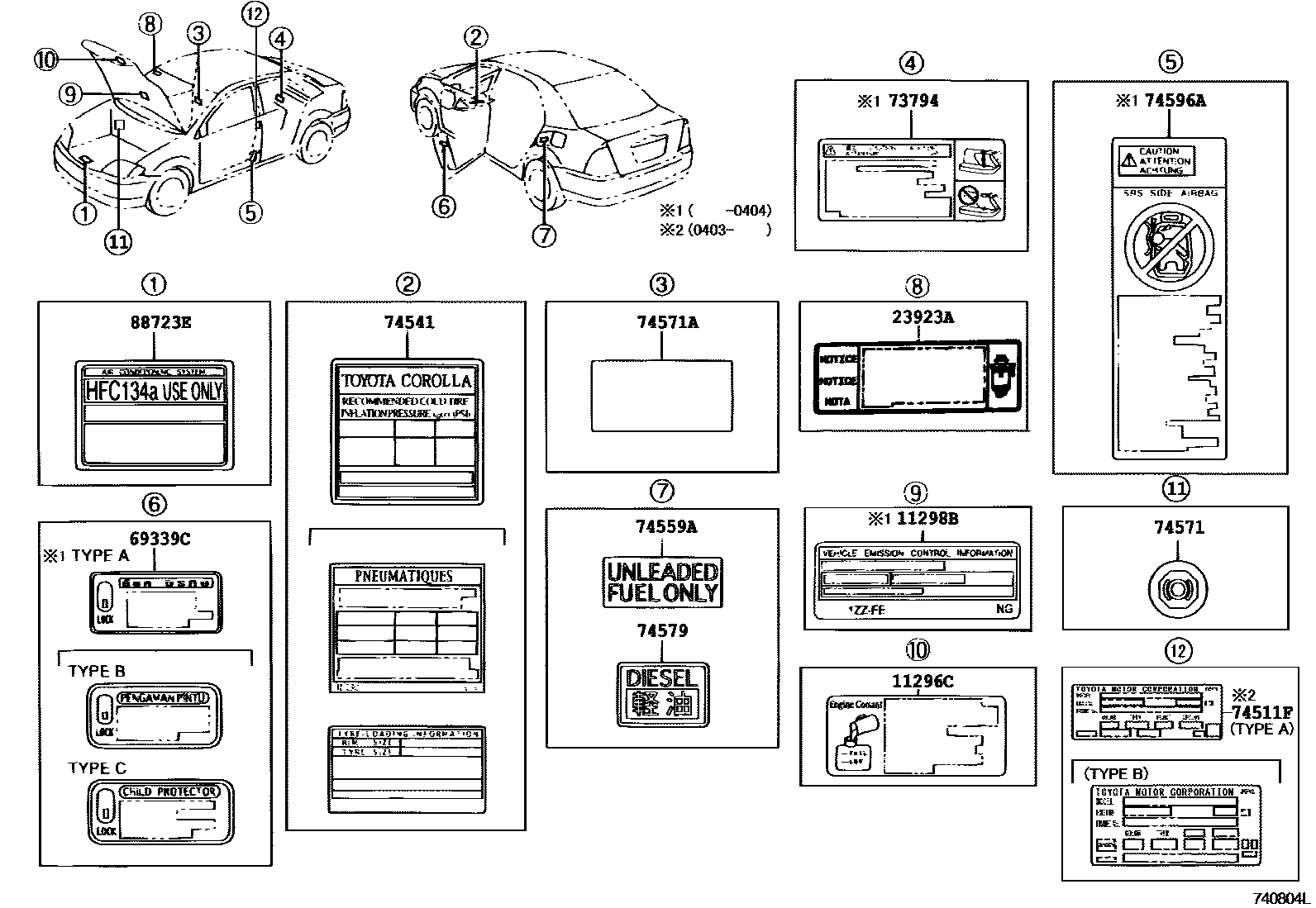 Toyota COROLLA 警示铭牌(车外和车内) EPC diagram — 740804L