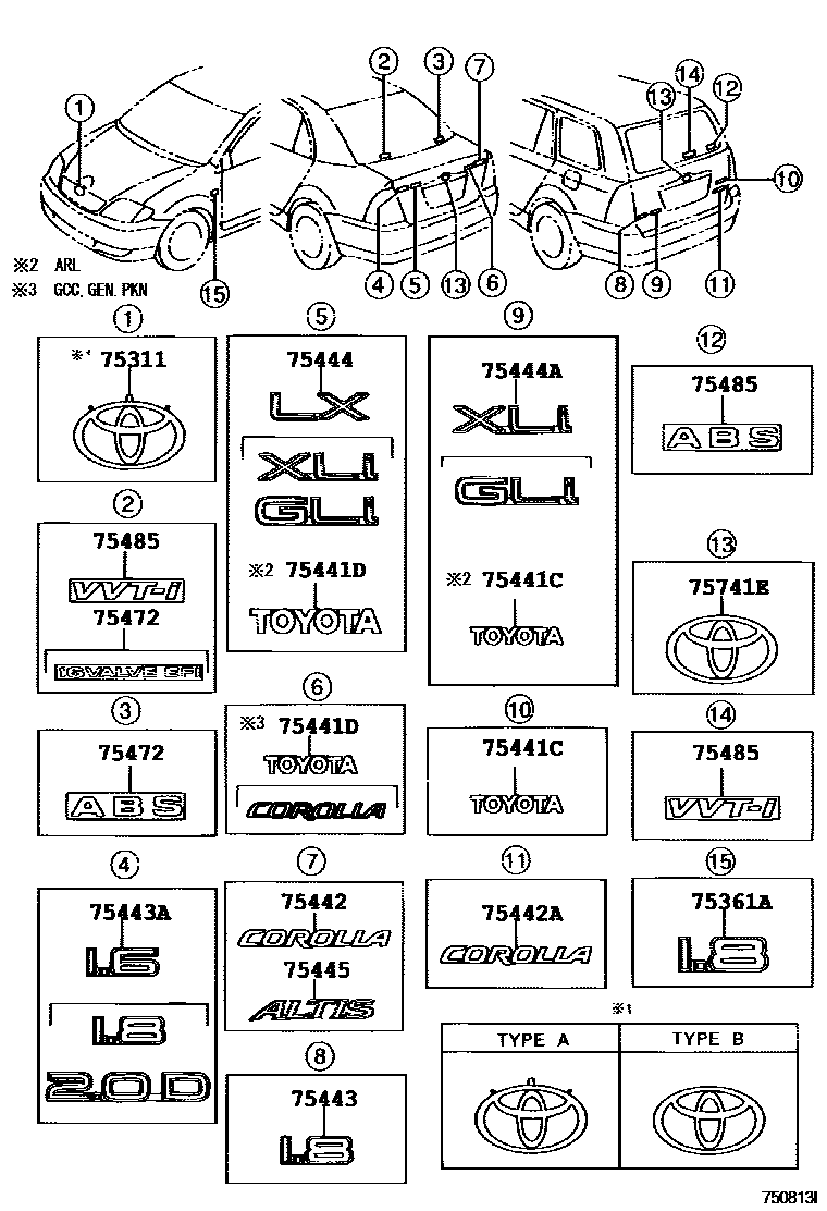 Toyota COROLLA 丰田徽标和铭牌(车外和车内) EPC diagram — 750813I
