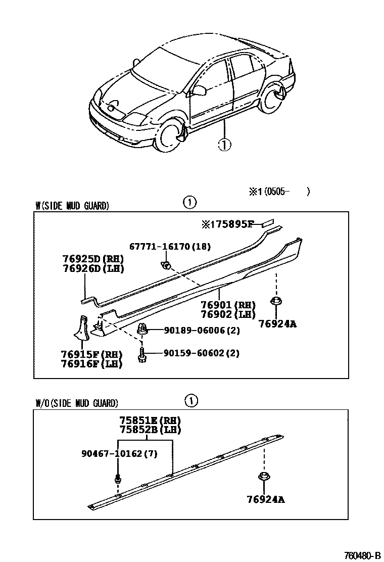 Toyota COROLLA 挡泥板和扰流板 EPC diagram — 760480B