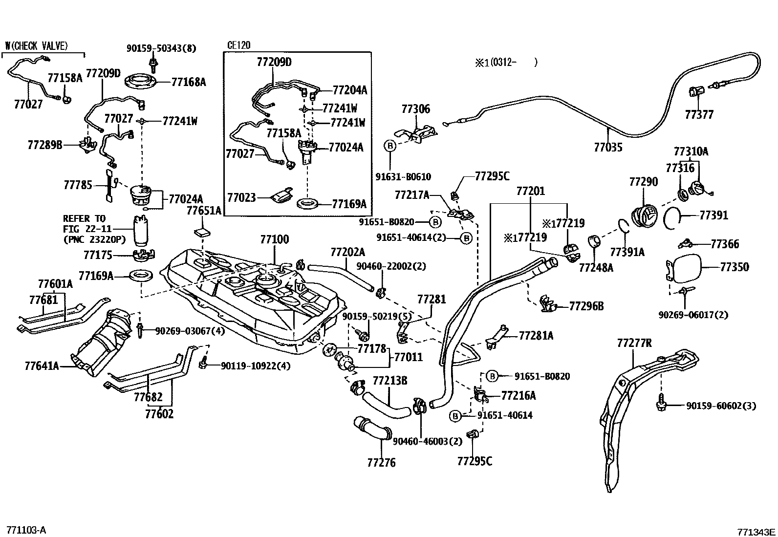 Toyota COROLLA 燃油箱和燃油管 EPC diagram — 771343E