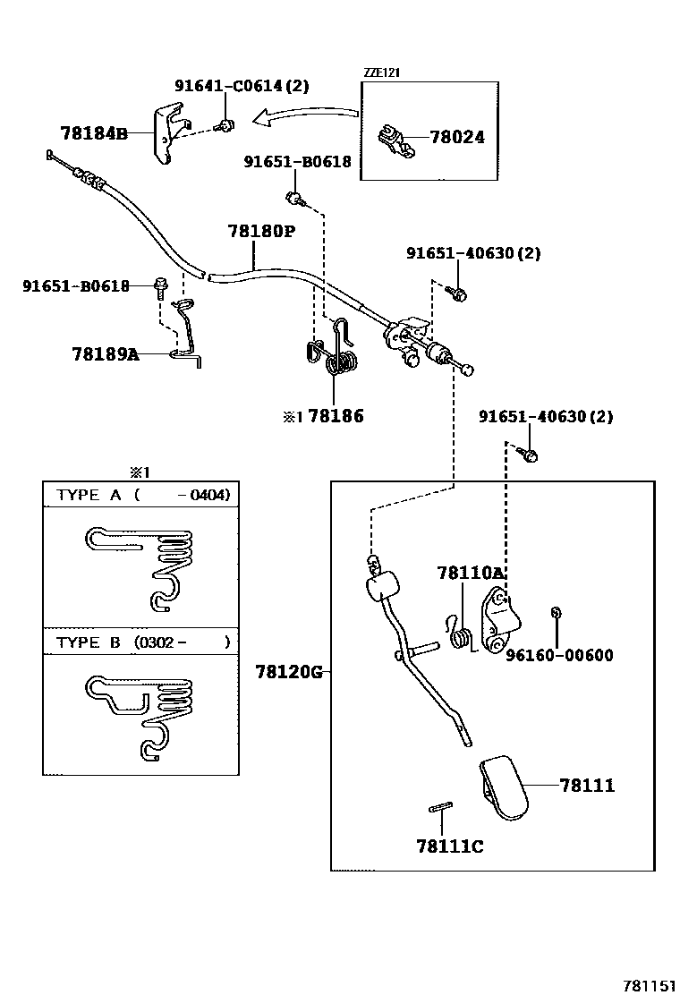 Toyota COROLLA accelerator pedal connecting rod EPC diagram — 781151
