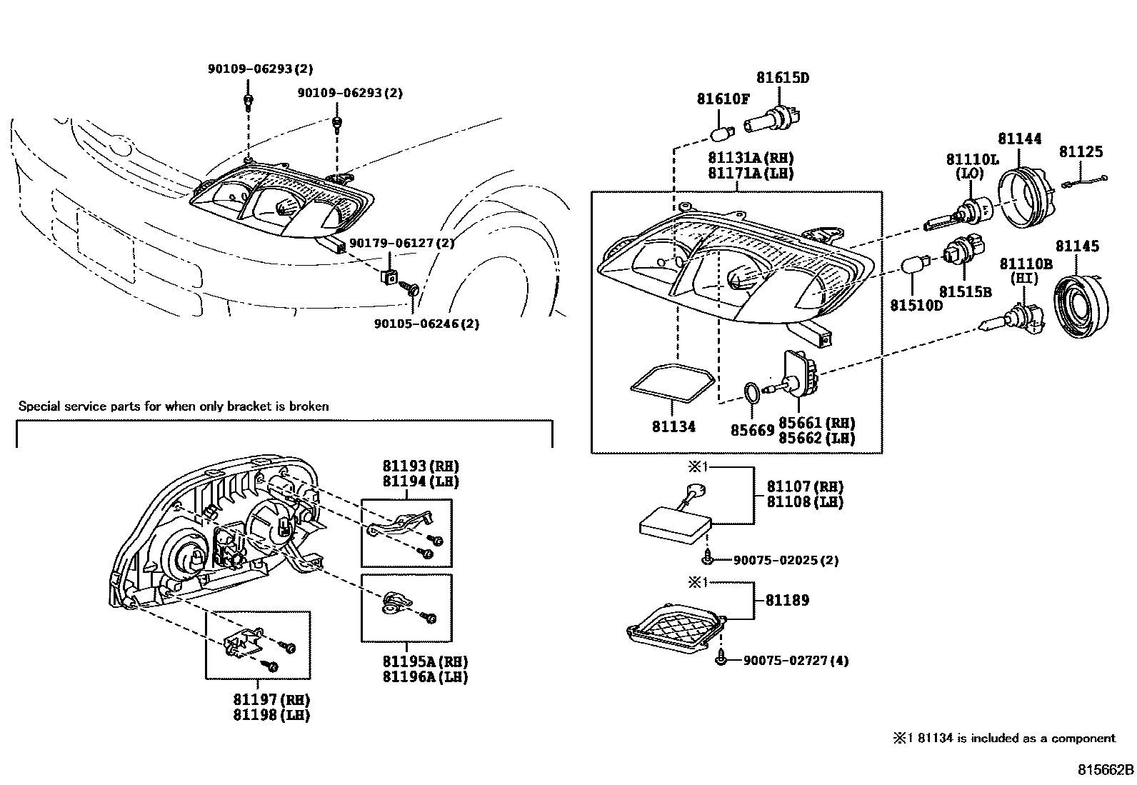 Toyota COROLLA Headlamp EPC diagram — 815662B