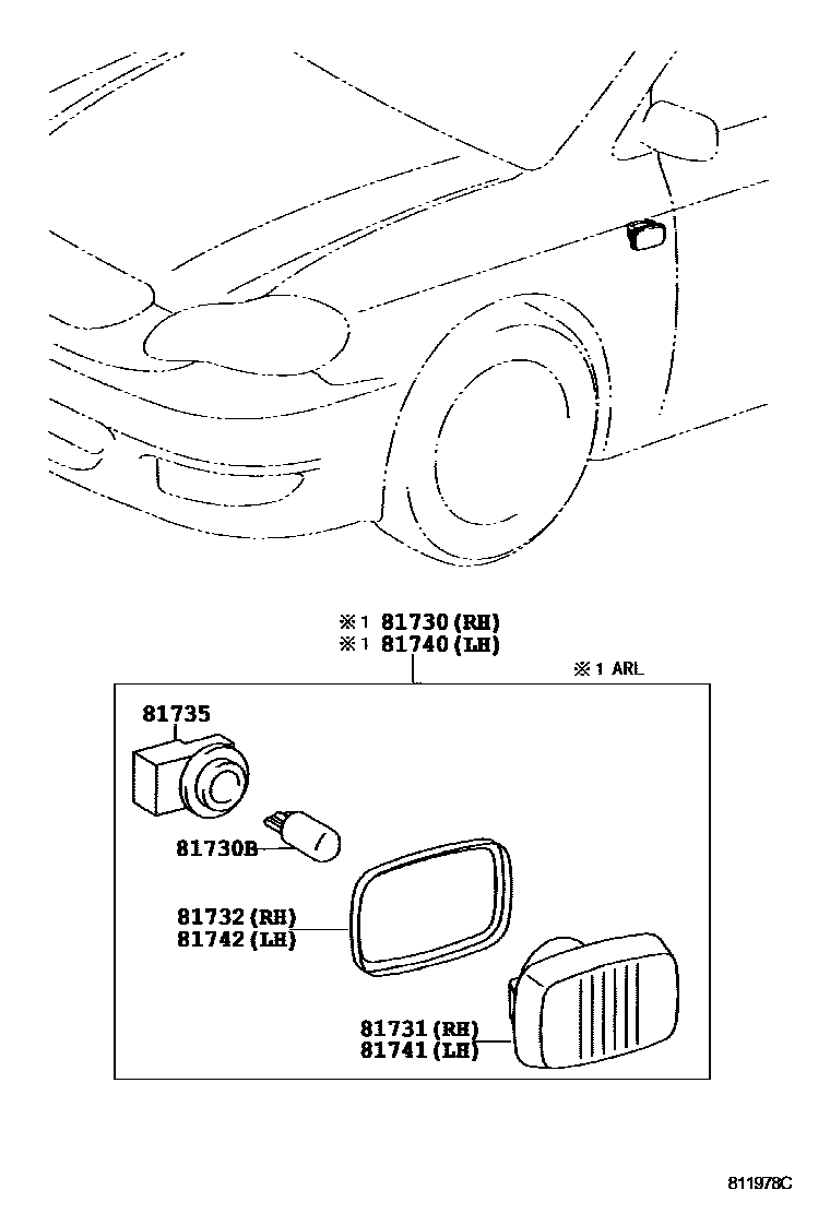 Toyota COROLLA Side Turn Signal & Outer Mirror Lamp EPC diagram — 811978C