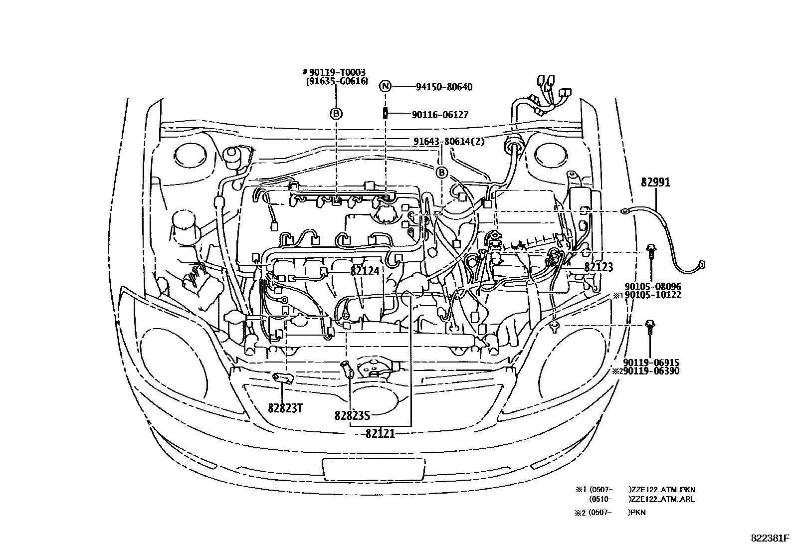 Toyota COROLLA 线束和卡夹 EPC diagram — 822381F