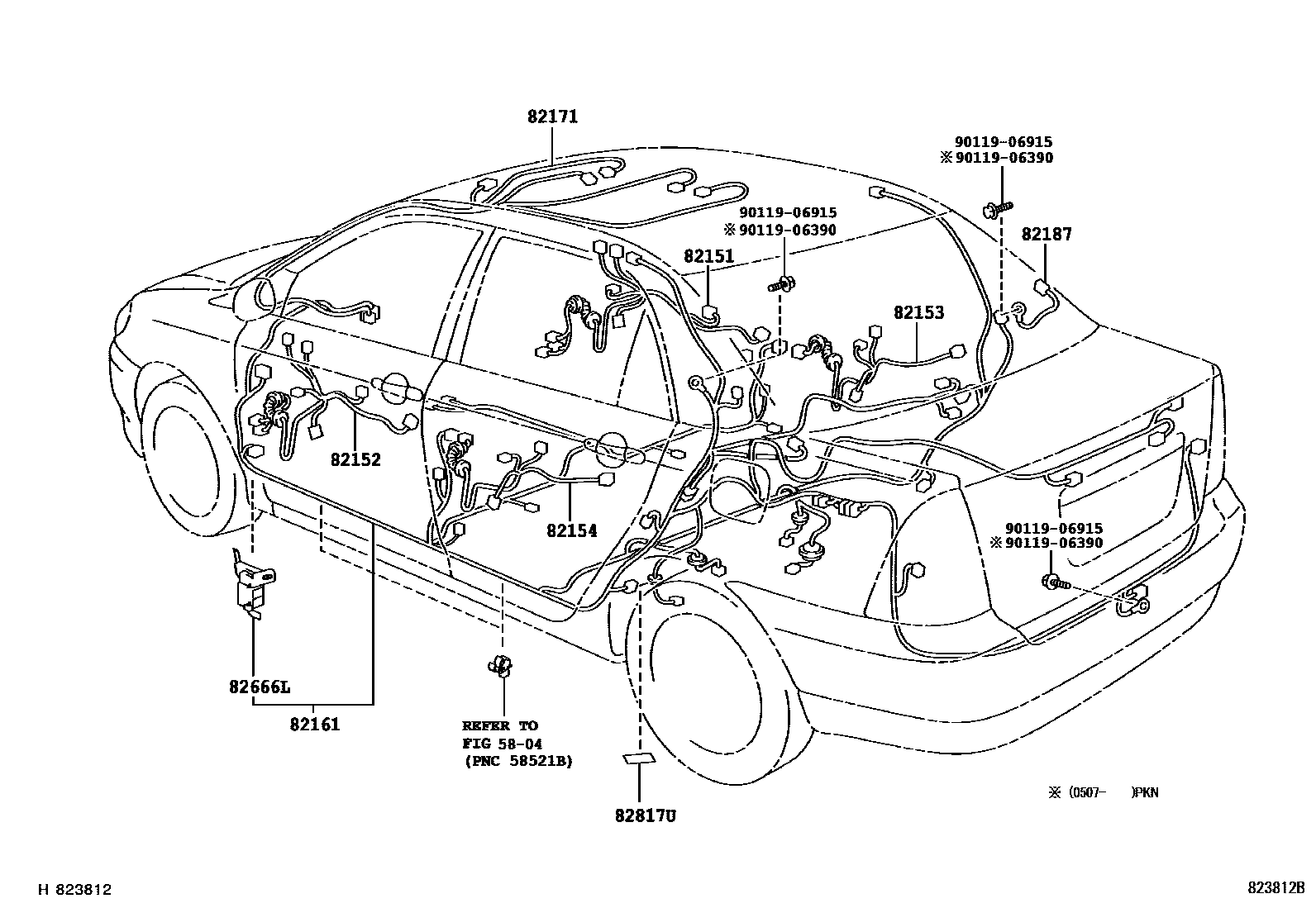Toyota COROLLA 线束和卡夹 EPC diagram — 823812B
