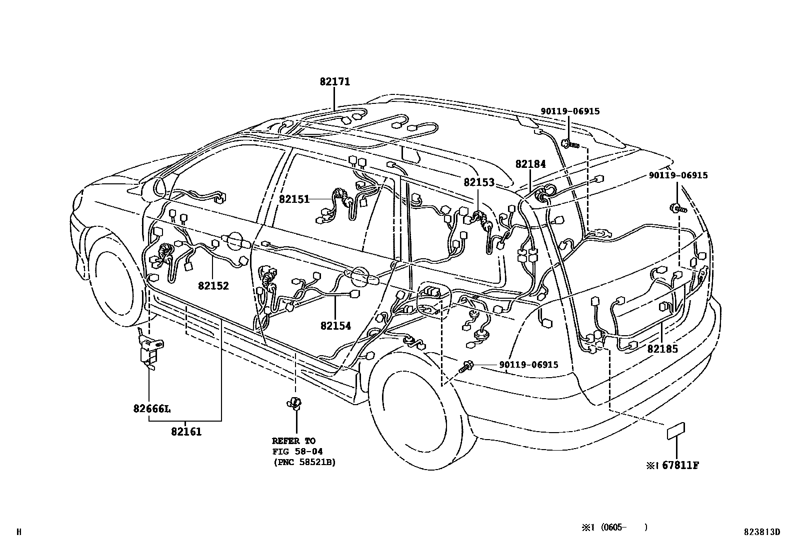 Toyota COROLLA 线束和卡夹 EPC diagram — 823813D