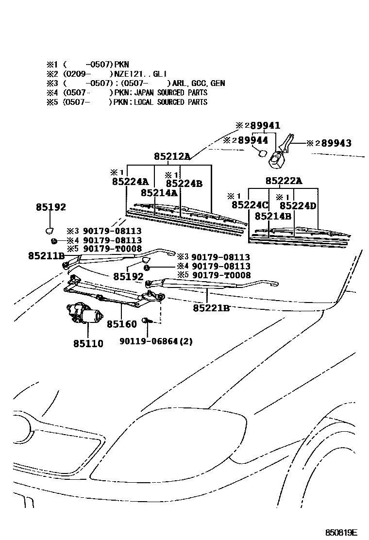 Toyota COROLLA 挡风玻璃刮水器 EPC diagram — 850819E