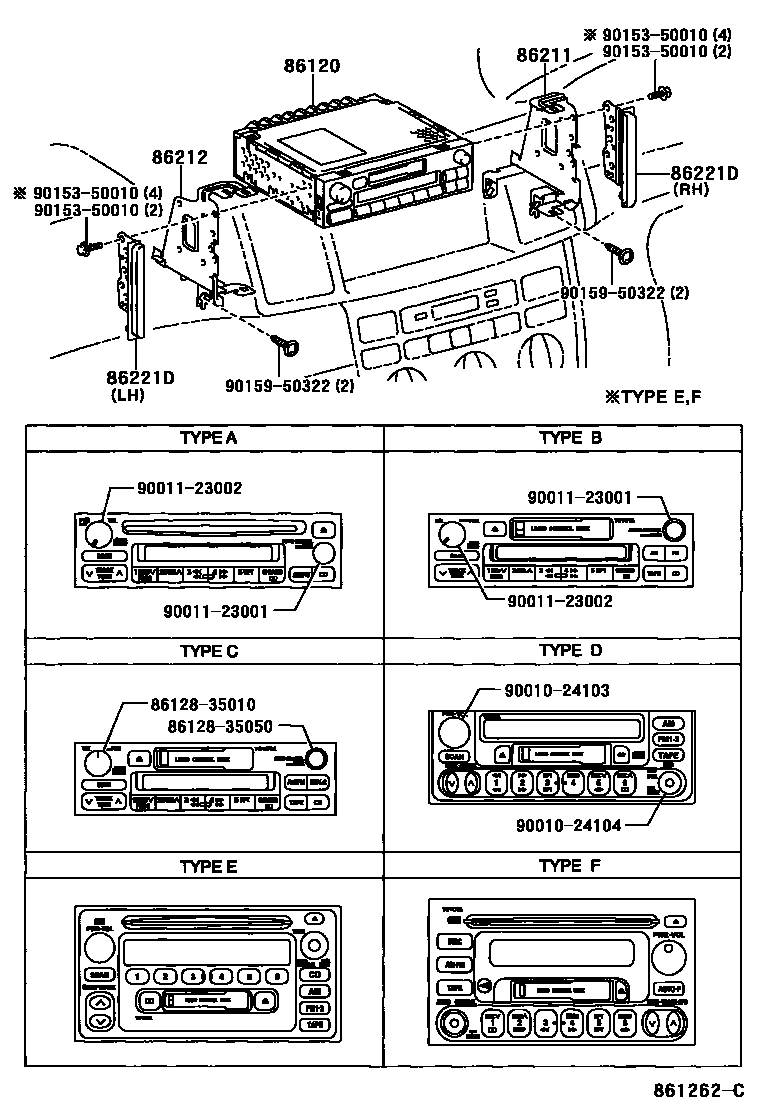 Toyota COROLLA 收音机、放大器和冷凝器 EPC diagram — 861262C
