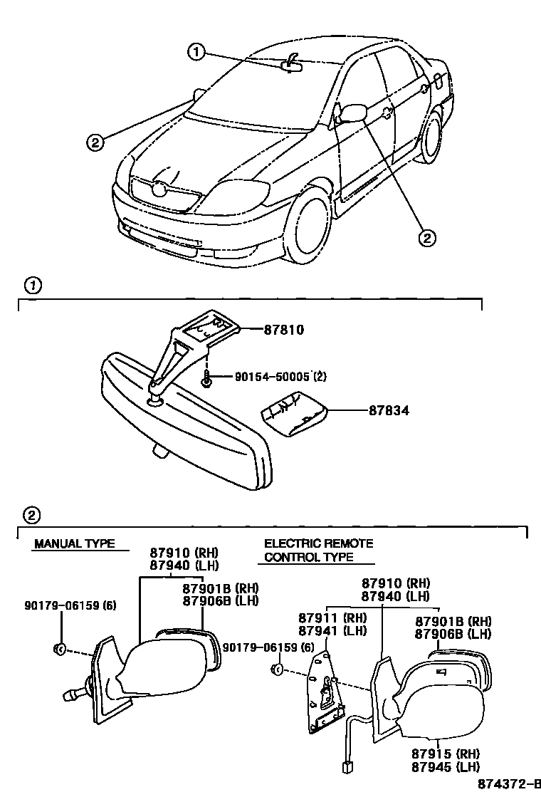 Toyota COROLLA 后视镜 EPC diagram — 874372B