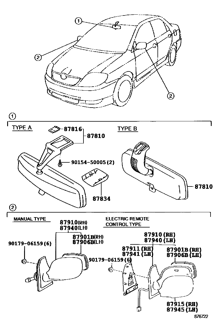 Toyota COROLLA 后视镜 EPC diagram — 876722A
