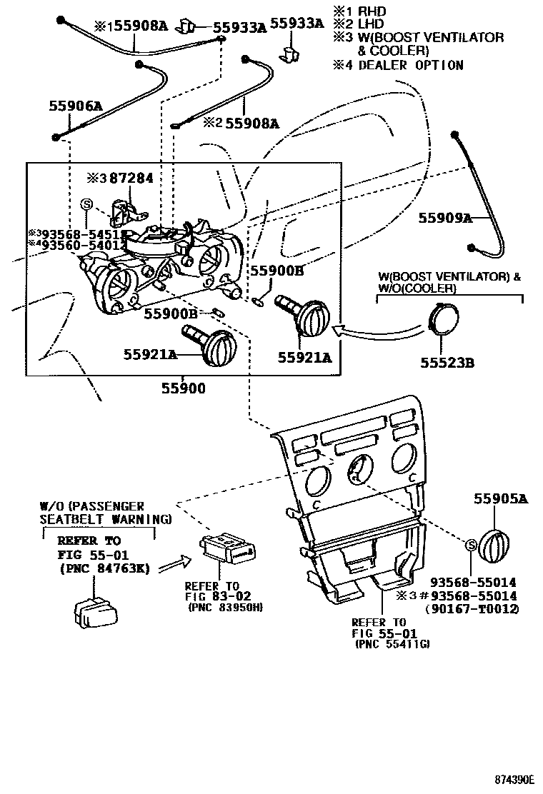 Toyota COROLLA 暖风和空调系统 - 控制器和风管 EPC diagram — 874390E