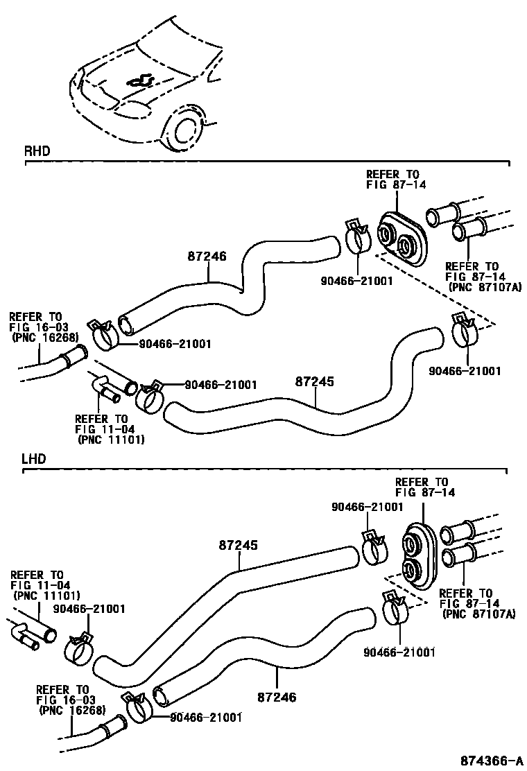 Toyota COROLLA 暖风和空调系统 - 水管 EPC diagram — 874366A