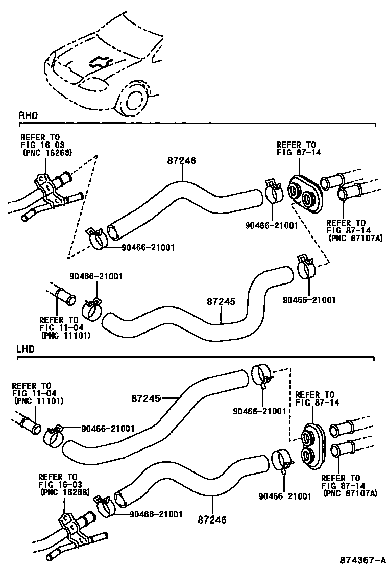 Toyota COROLLA 暖风和空调系统 - 水管 EPC diagram — 874367A