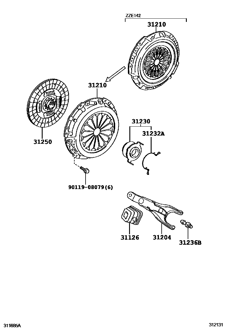 Toyota COROLLA 离合器和分离叉 EPC diagram — 312131