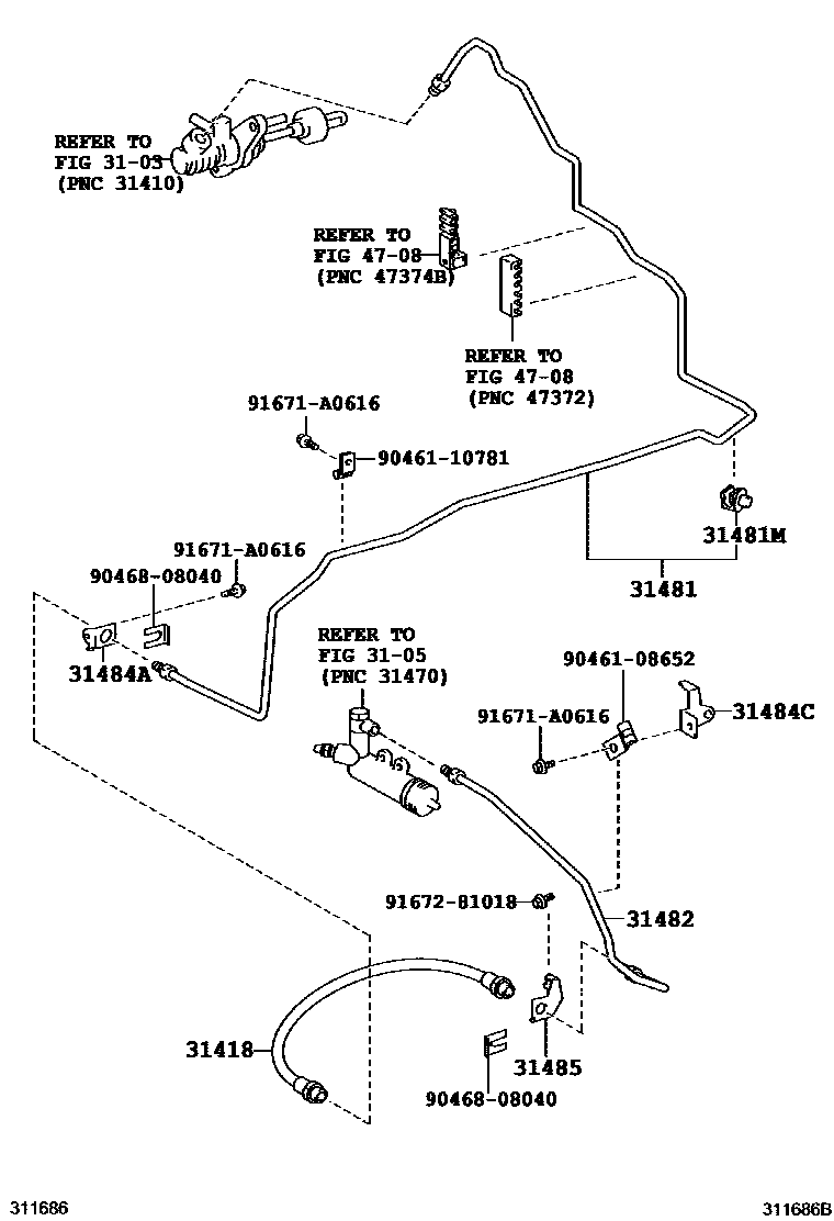 Toyota COROLLA 离合器踏板和挠性软管 EPC diagram — 311686B