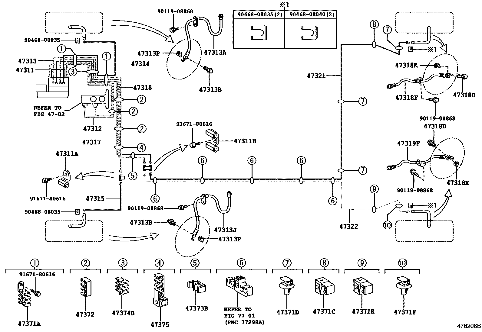 Toyota COROLLA 制动配管和卡箍 EPC diagram — 476208B