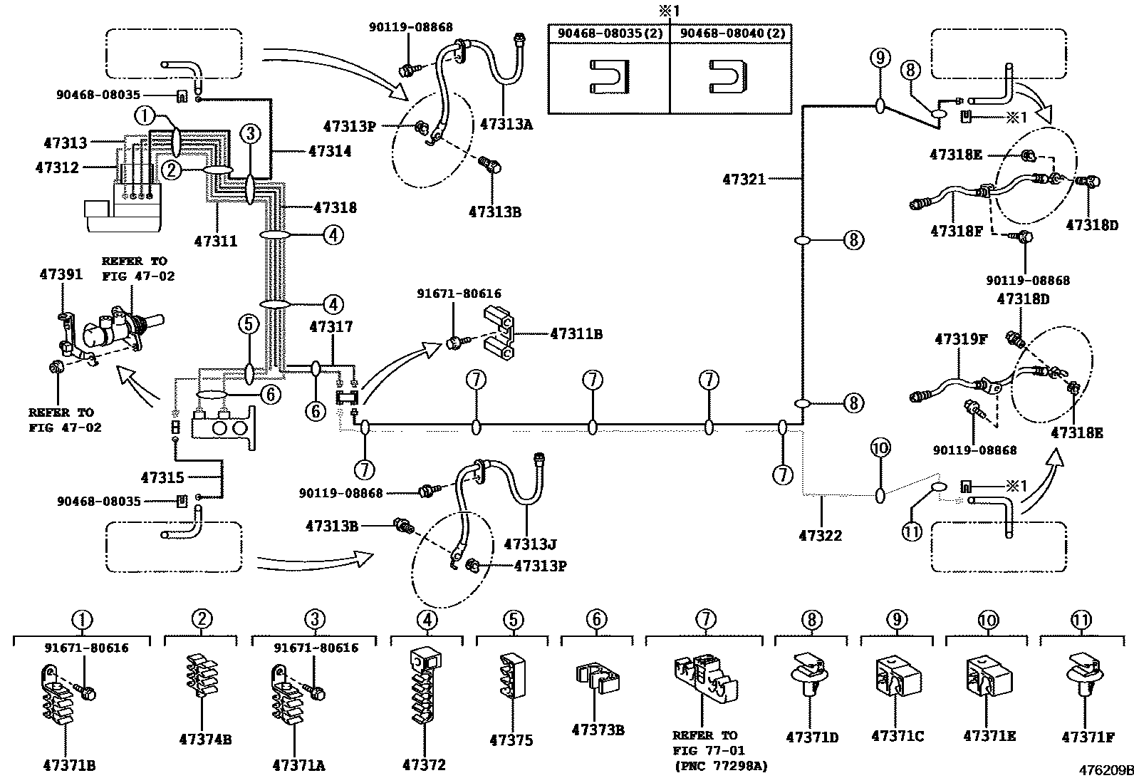 Toyota COROLLA 制动配管和卡箍 EPC diagram — 476209B