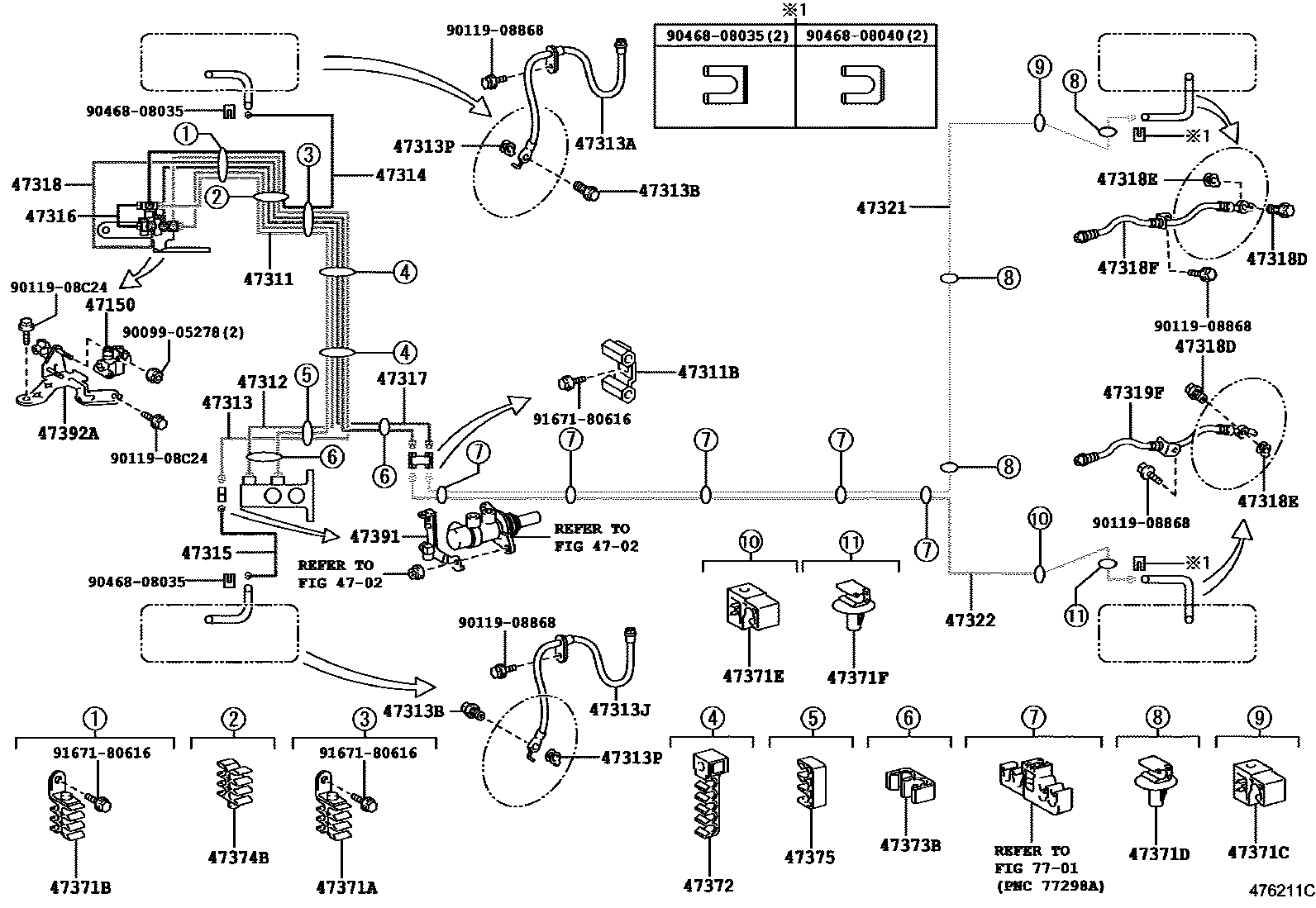 Toyota COROLLA 制动配管和卡箍 EPC diagram — 476211C