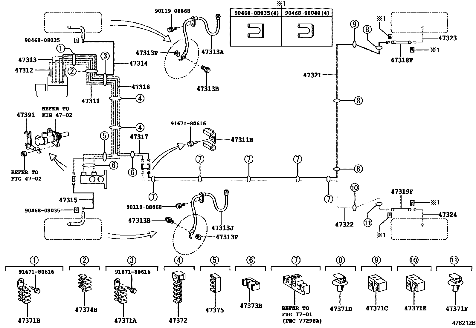 Toyota COROLLA 制动配管和卡箍 EPC diagram — 476212B
