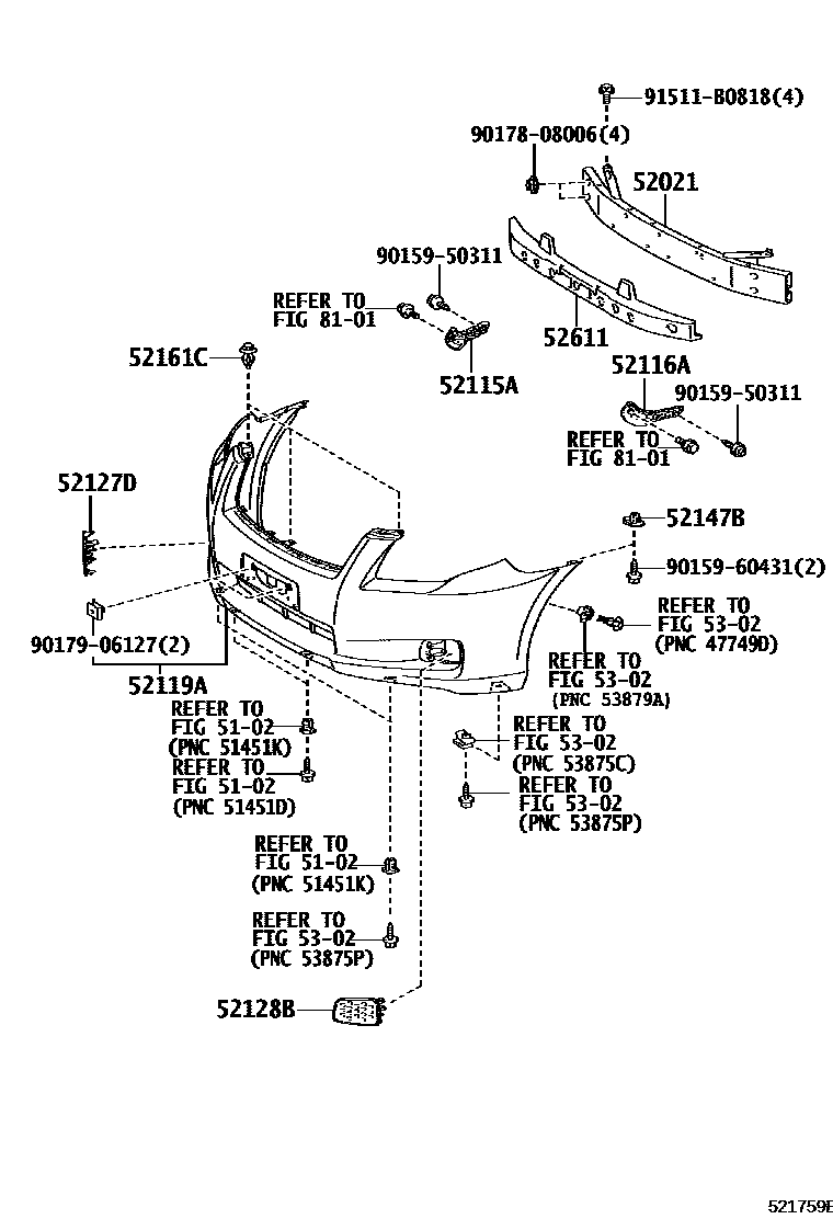 Toyota COROLLA 前保险杠及附件 EPC diagram — 521759E