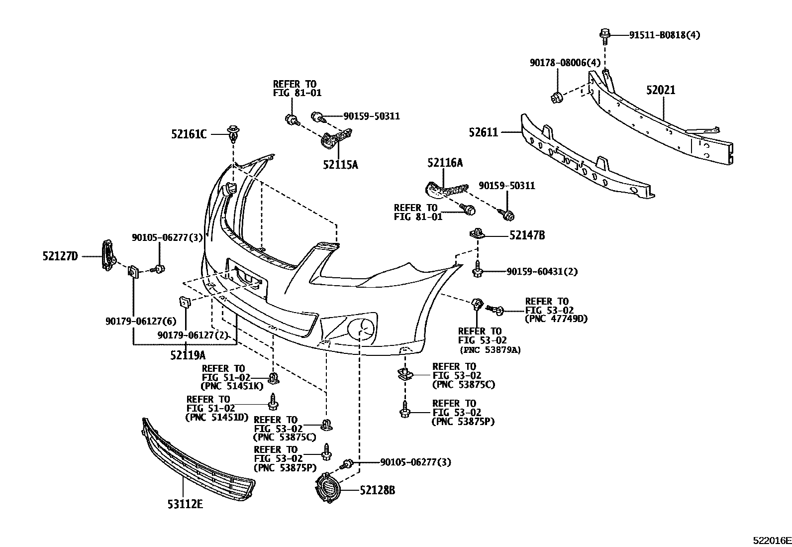 Toyota COROLLA 前保险杠及附件 EPC diagram — 522016E