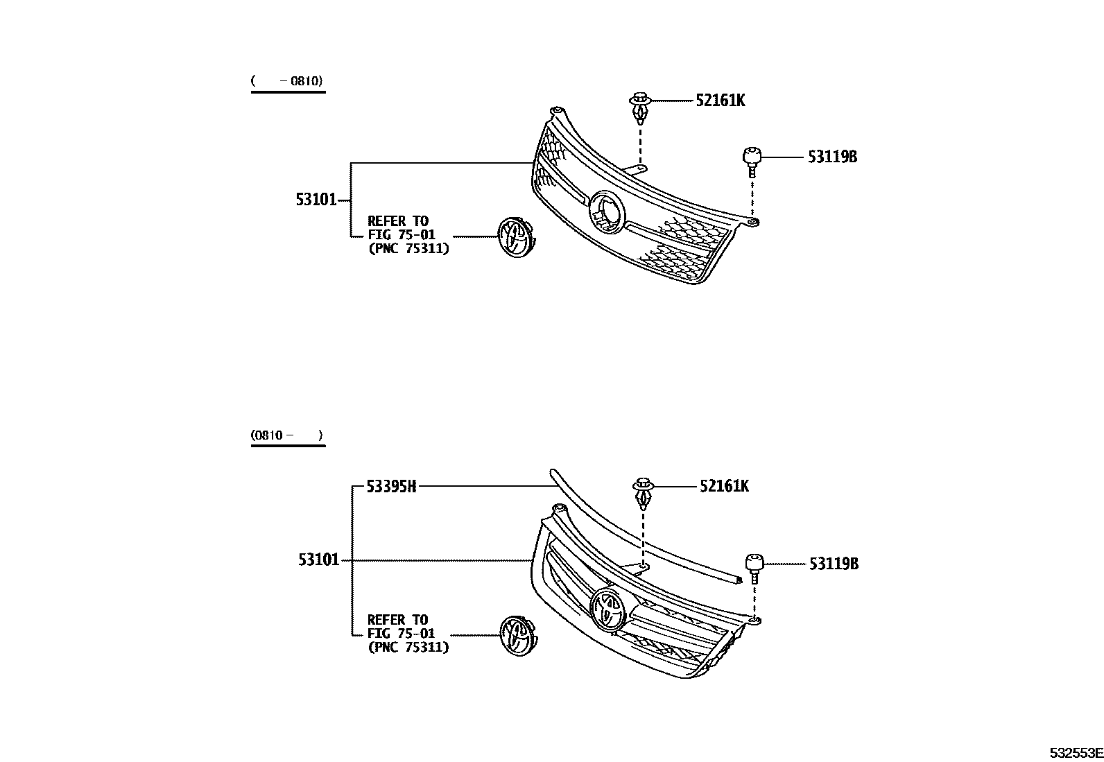 Toyota COROLLA radiator grille EPC diagram — 532553E
