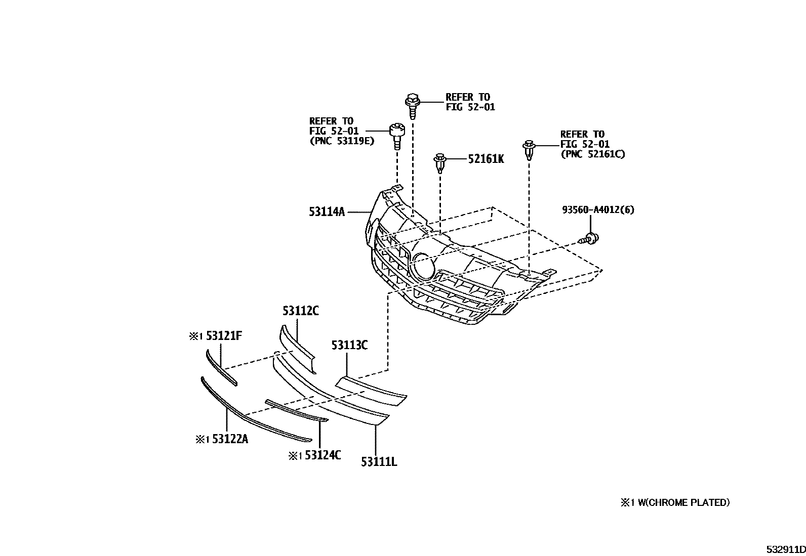 Toyota COROLLA radiator grille EPC diagram — 532911D