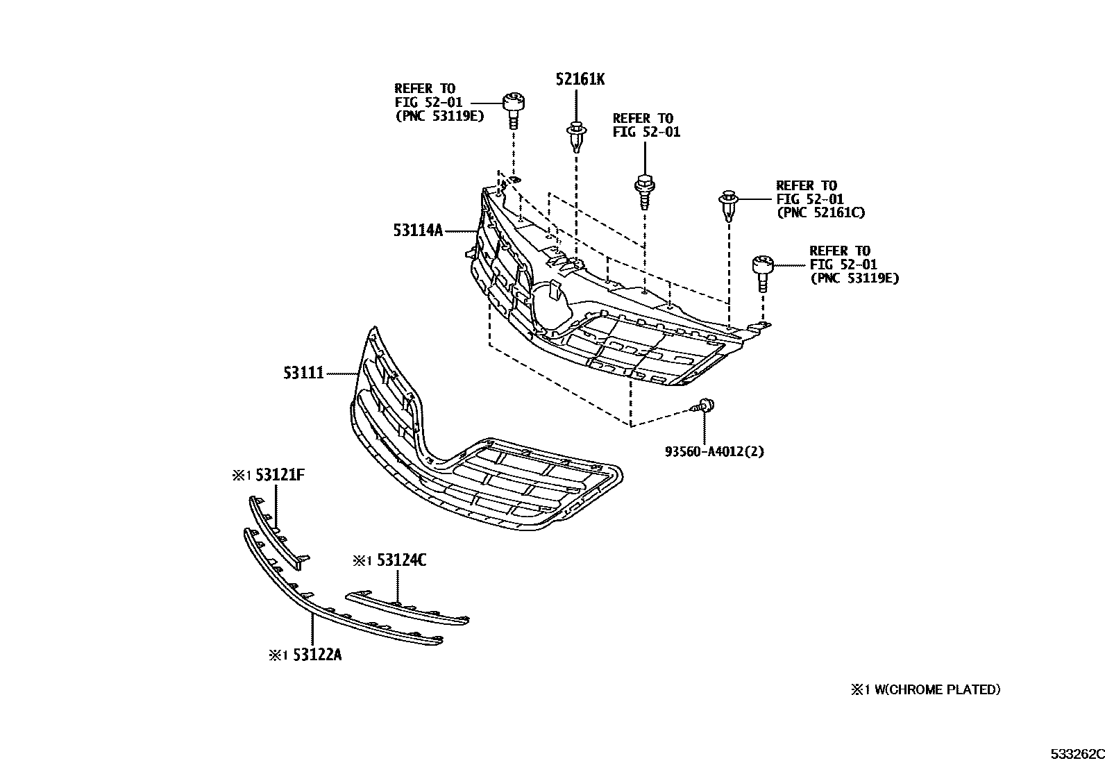 Toyota COROLLA radiator grille EPC diagram — 533262C