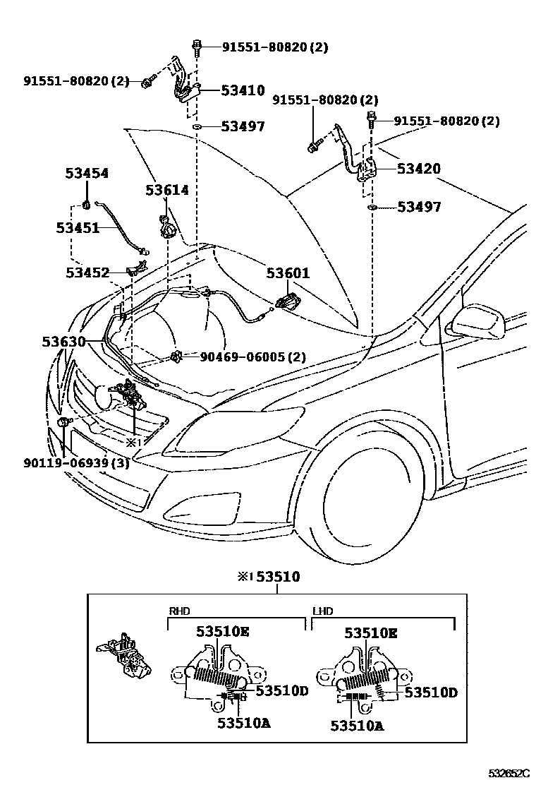 Toyota COROLLA 发动机盖锁和铰链 EPC diagram — 532652C