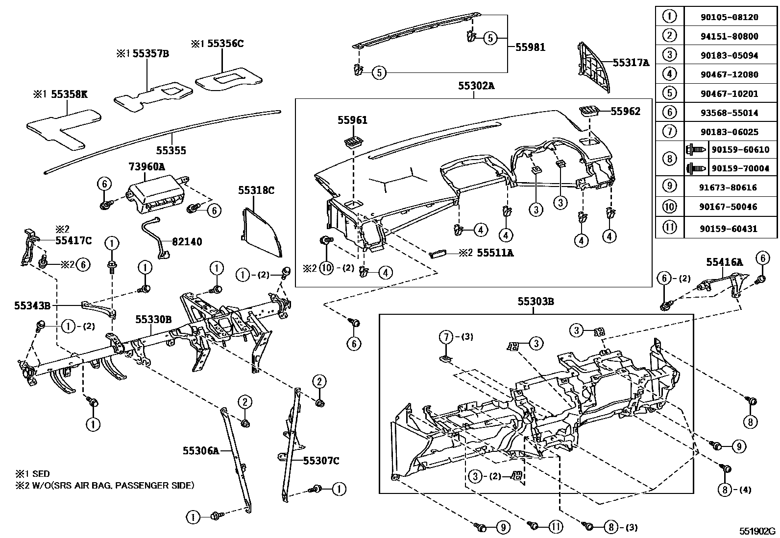 Toyota COROLLA 仪表板和手套箱 EPC diagram — 551902G