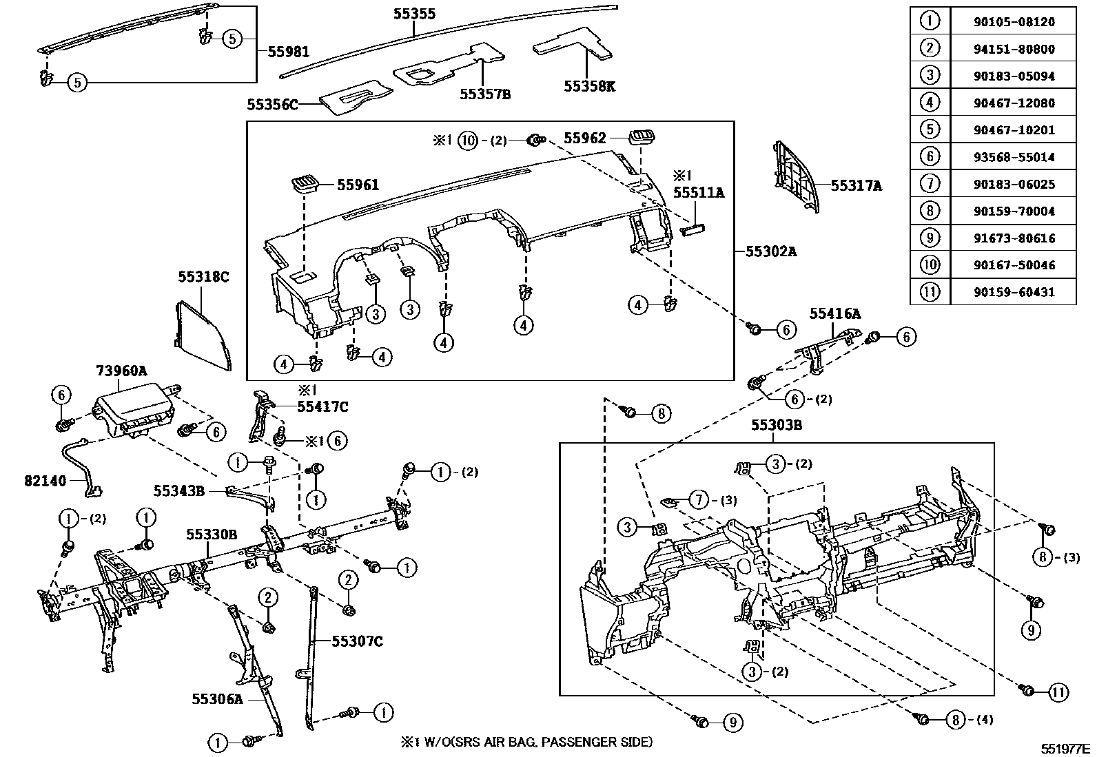 Toyota COROLLA 仪表板和手套箱 EPC diagram — 551977E