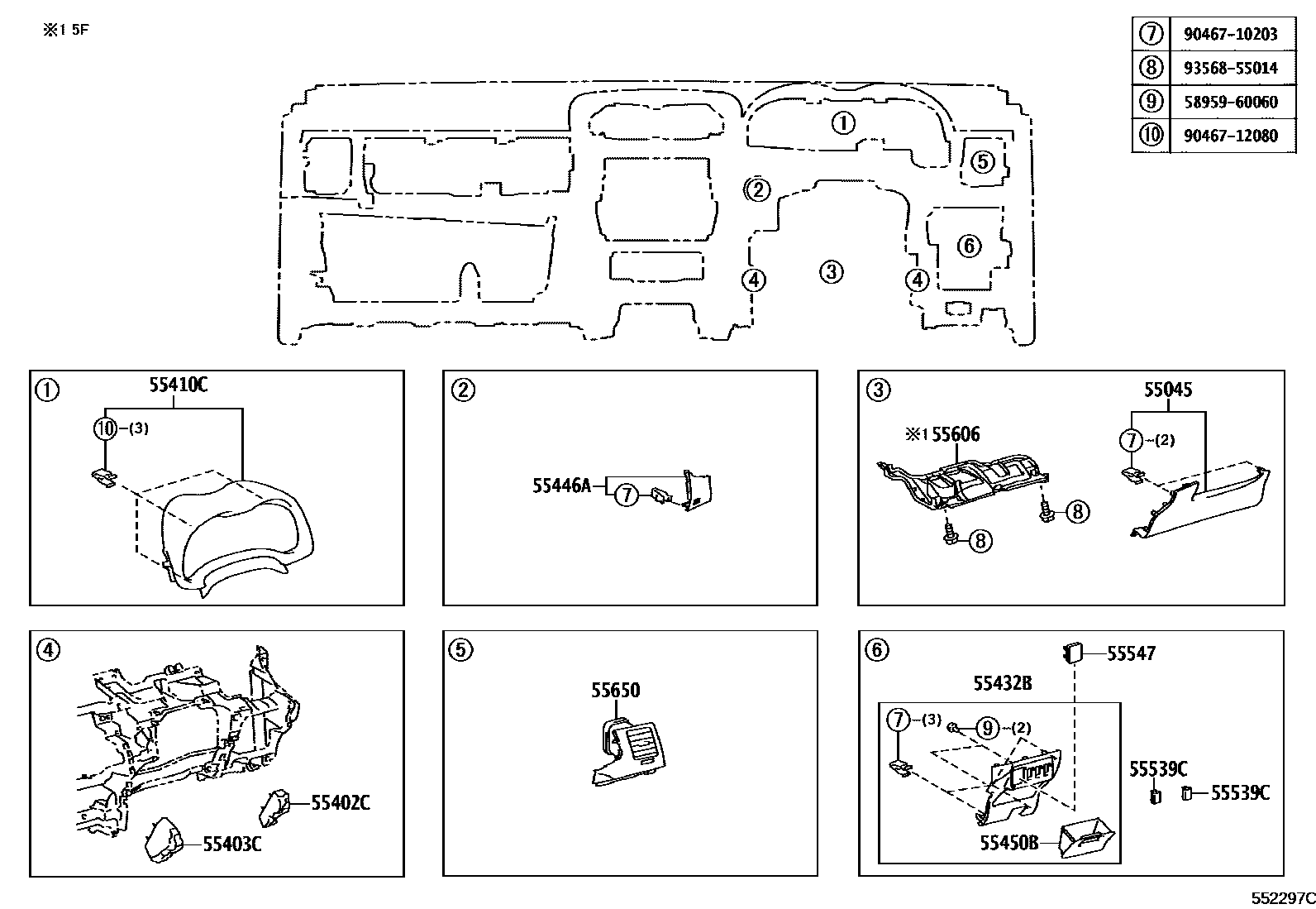 Toyota COROLLA 仪表板和手套箱 EPC diagram — 552297C