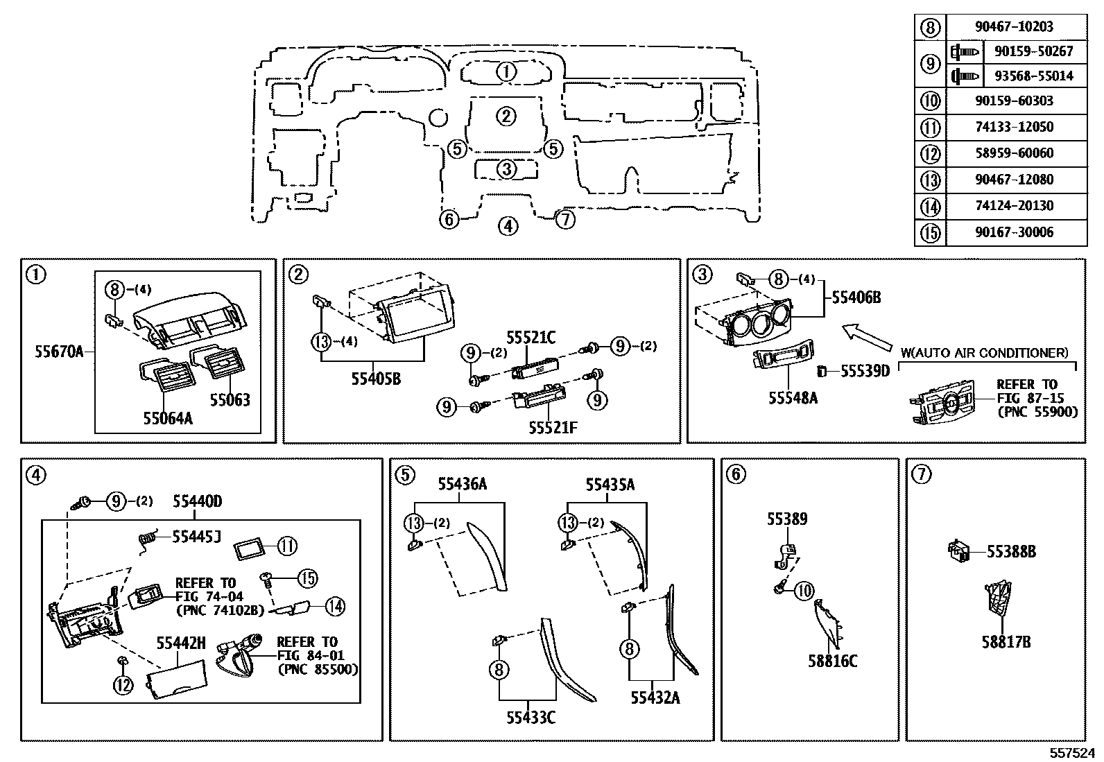 Toyota COROLLA 仪表板和手套箱 EPC diagram — 557524