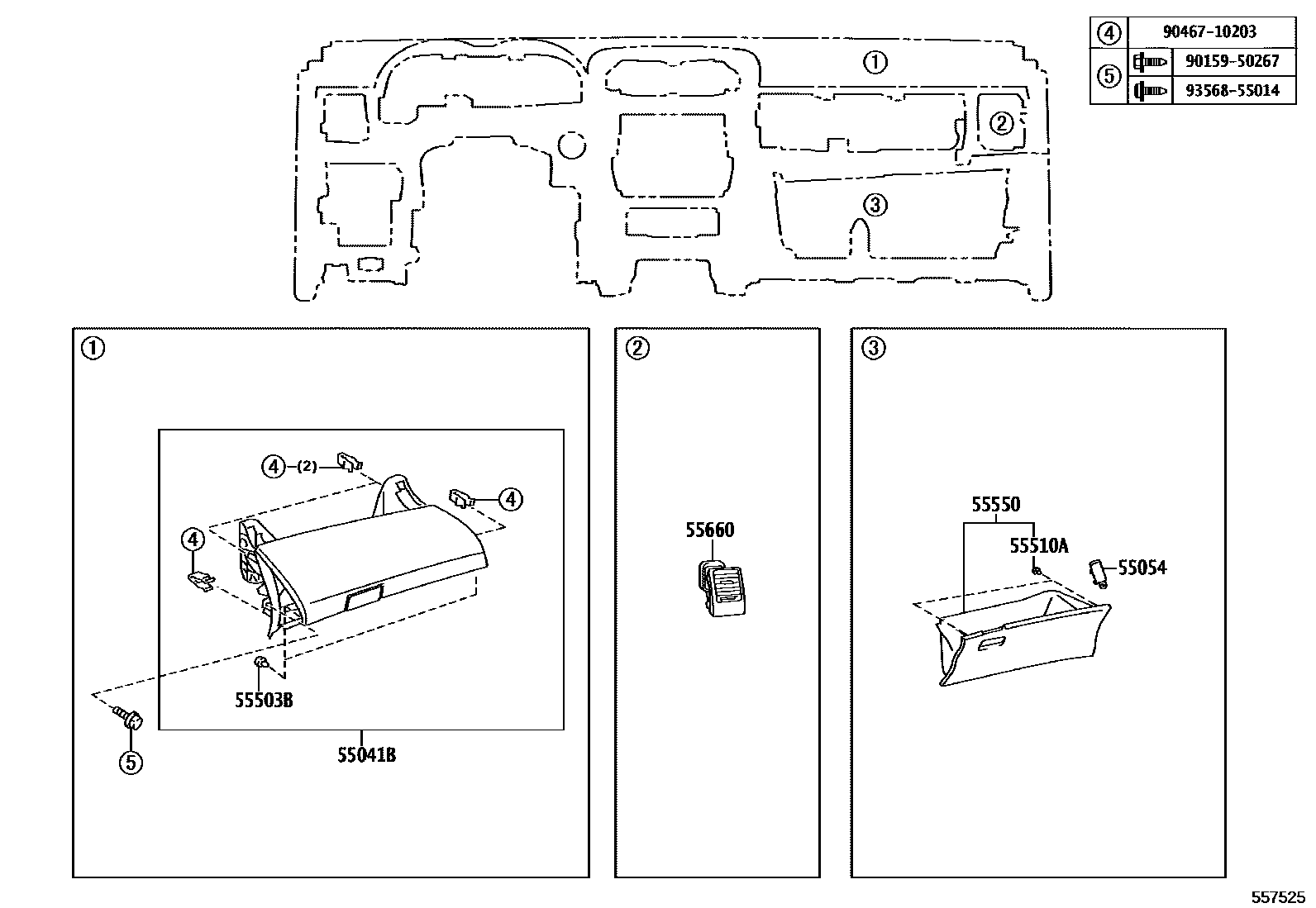 Toyota COROLLA 仪表板和手套箱 EPC diagram — 557525