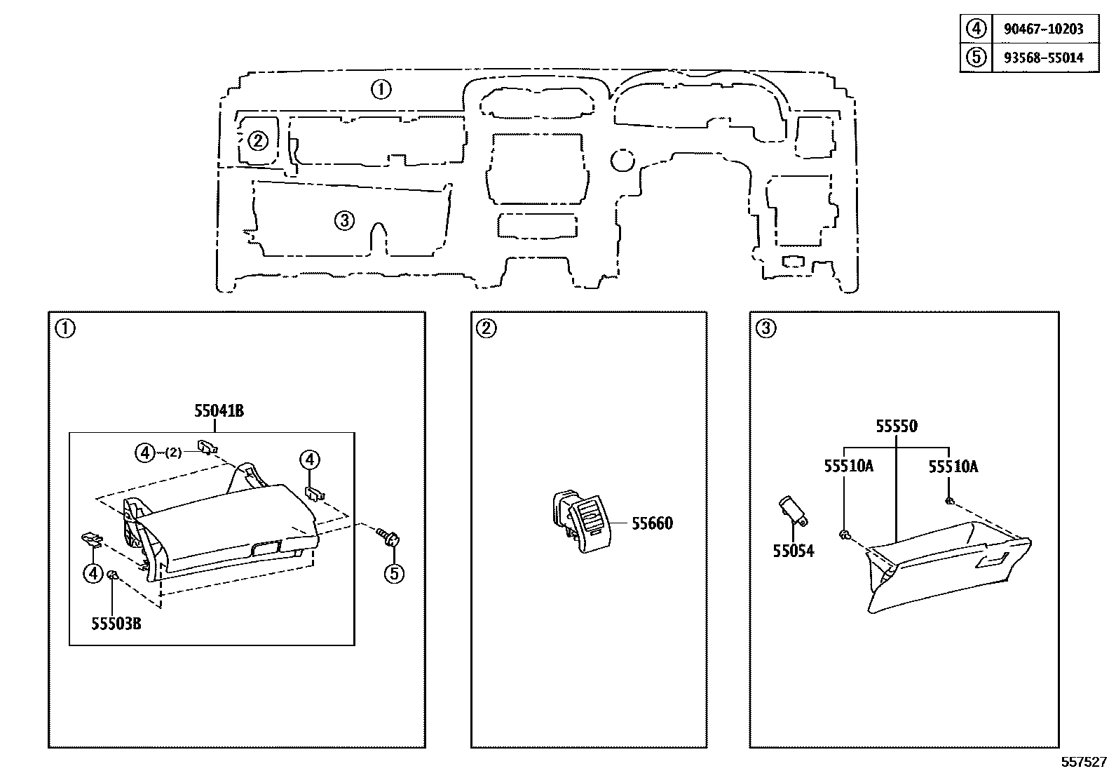 Toyota COROLLA 仪表板和手套箱 EPC diagram — 557527