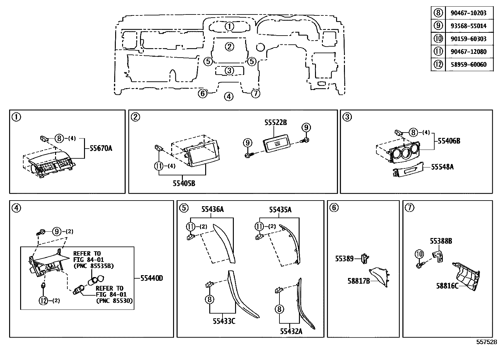 Toyota COROLLA 仪表板和手套箱 EPC diagram — 557528
