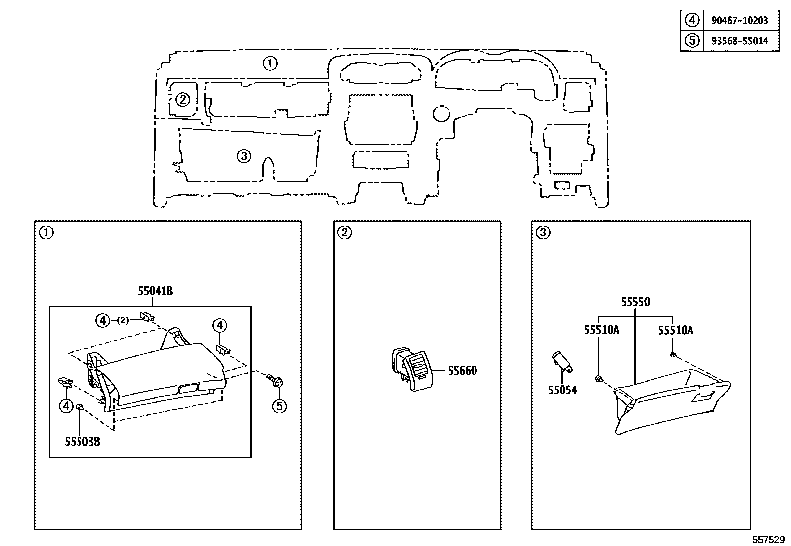Toyota COROLLA 仪表板和手套箱 EPC diagram — 557529