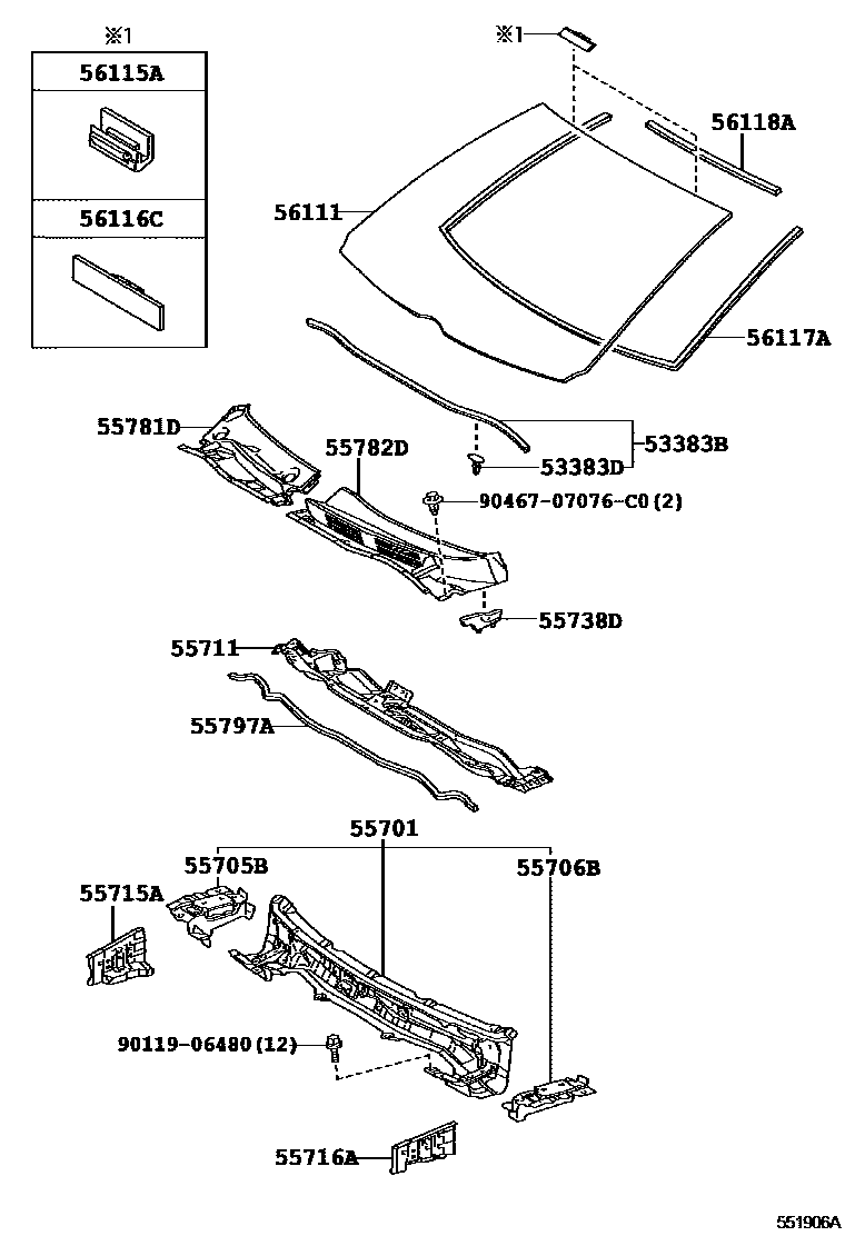 Toyota COROLLA 前围板和挡风玻璃 EPC diagram — 551906A