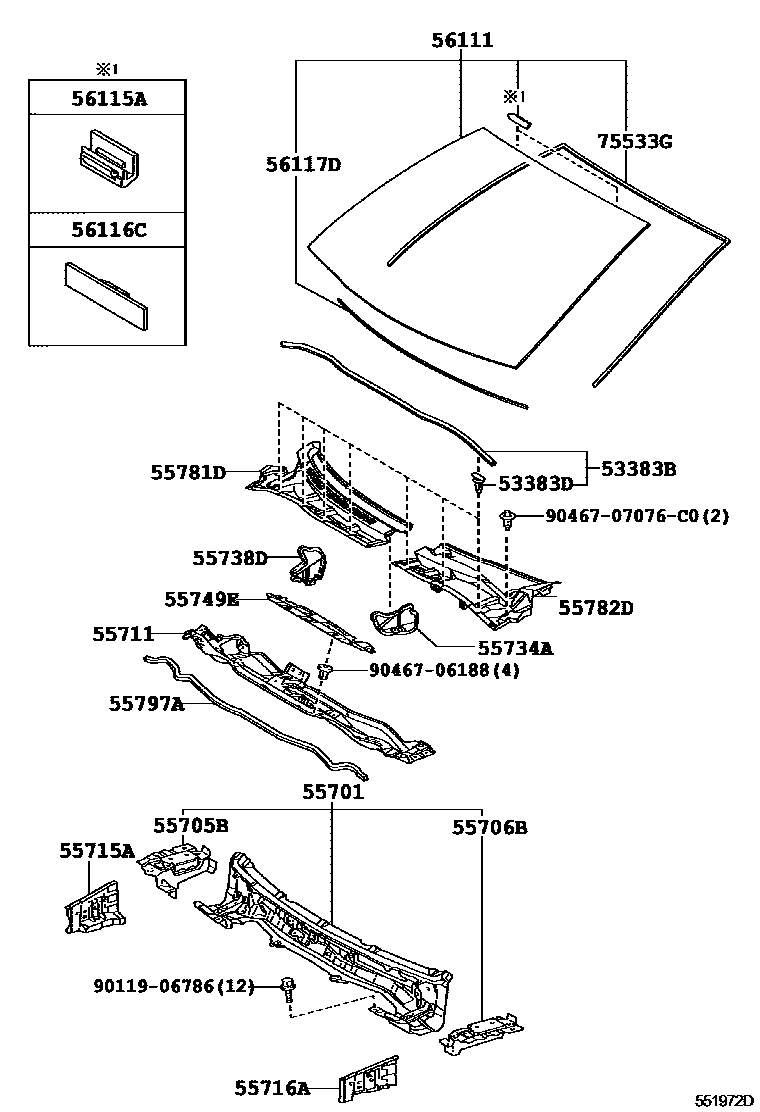 Toyota COROLLA 前围板和挡风玻璃 EPC diagram — 551972D