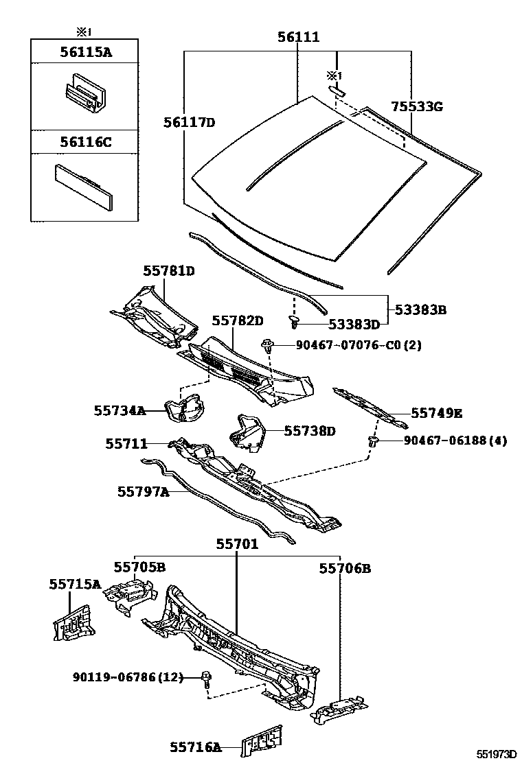 Toyota COROLLA 前围板和挡风玻璃 EPC diagram — 551973D