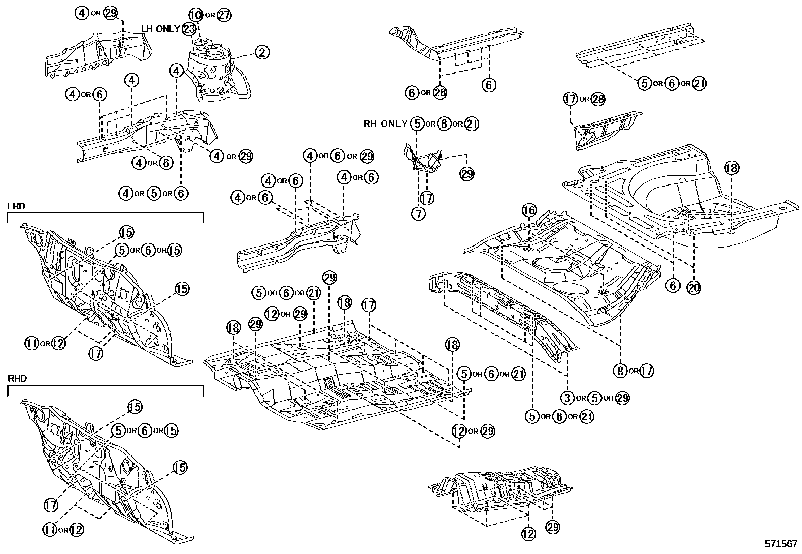 Toyota COROLLA hole plug EPC diagram — 571567